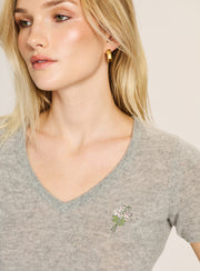 Flowers Lightweight Cashmere Short Sleeve V-Neck Sweater