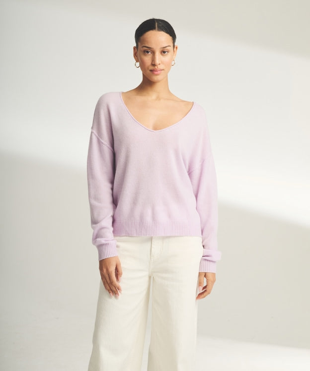 Model wearing the Lightweight Cashmere V-neck Sweater
