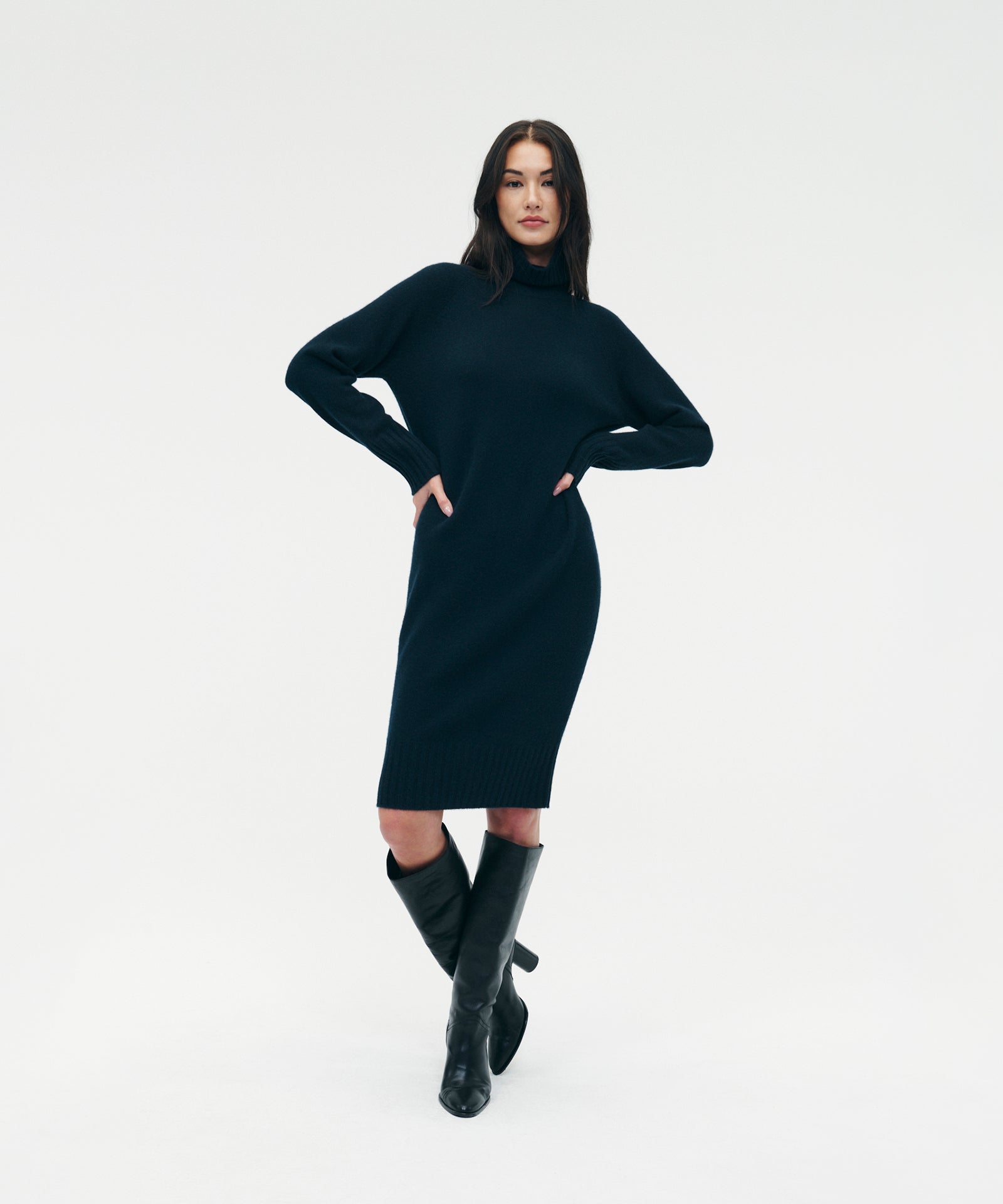 Split Turtleneck Cashmere Knit Dress - Luxury Black