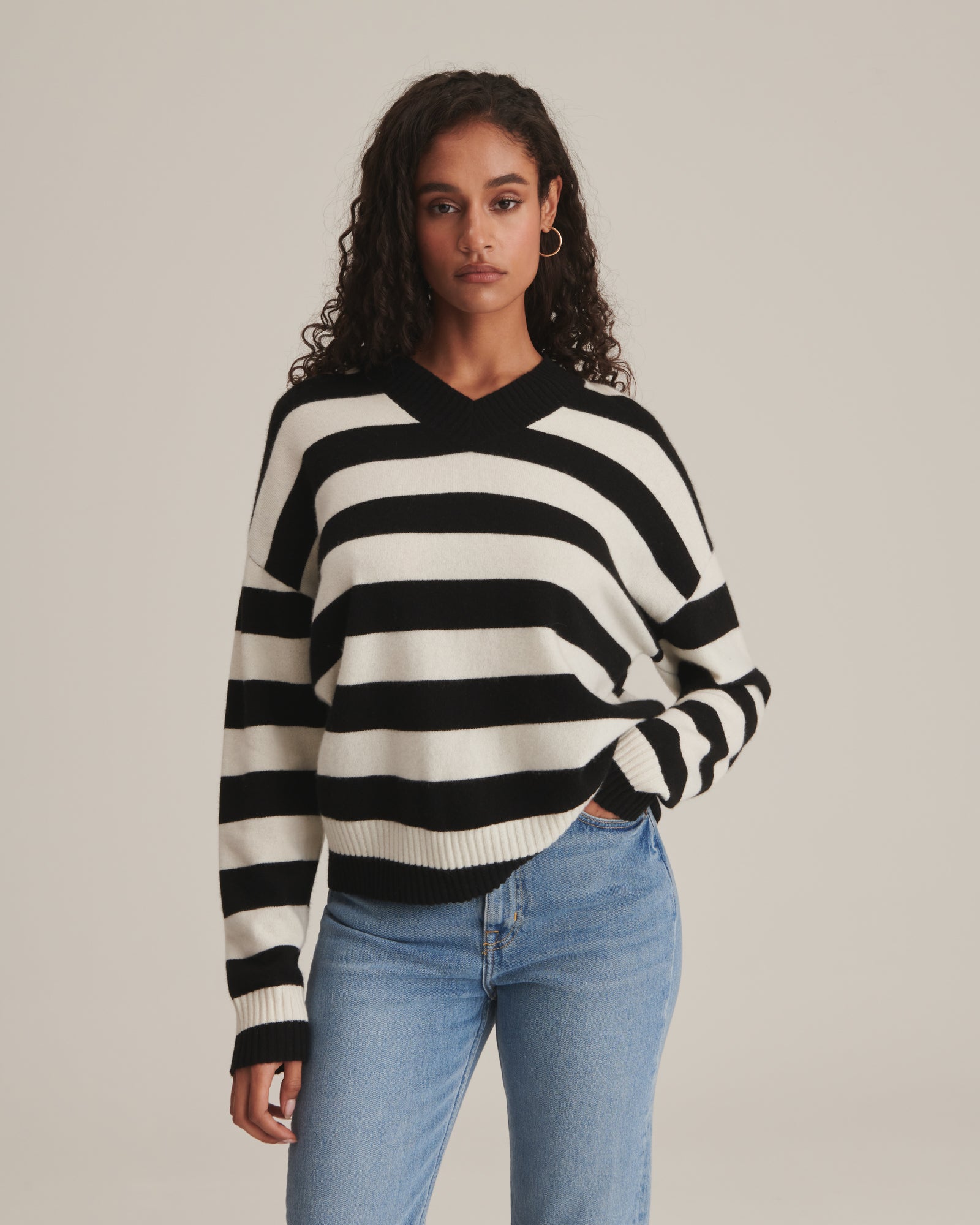 Cashmere Striped Boyfriend V-Neck Sweater – NAADAM