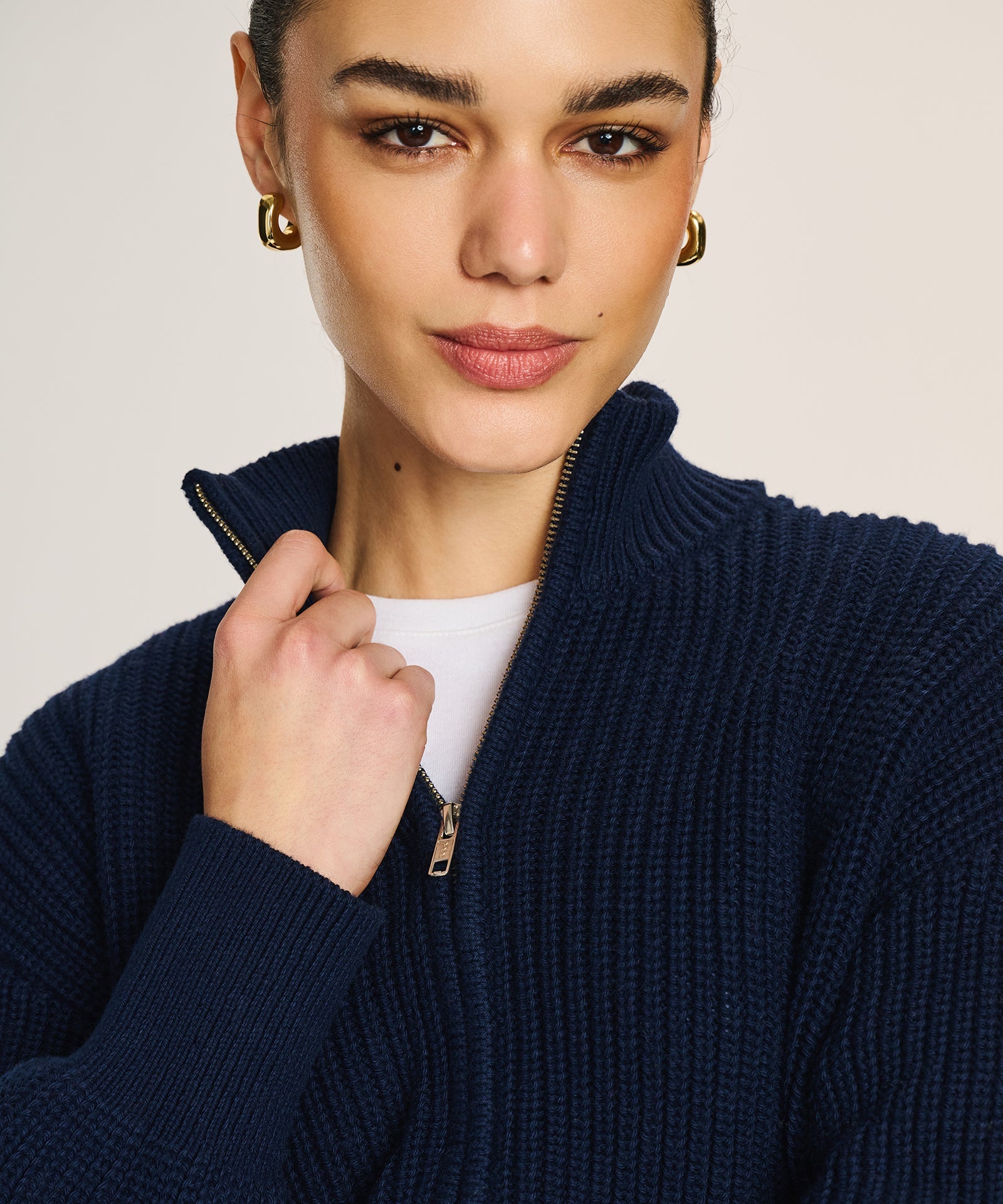 ＜6(ROKU)＞HIGH ZIP SAILOR KNIT/ニット ネイビー F Cotton Fisherman Cinched Waist Zip Up Sweater – NAADAM