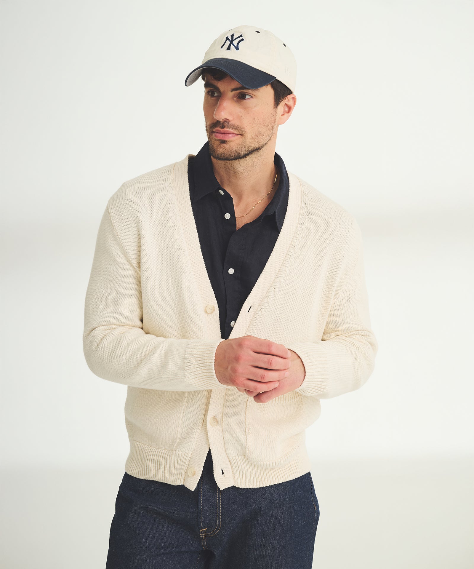 navy blue dress white cardigan NAADAM Cotton Relaxed Cardigan in White