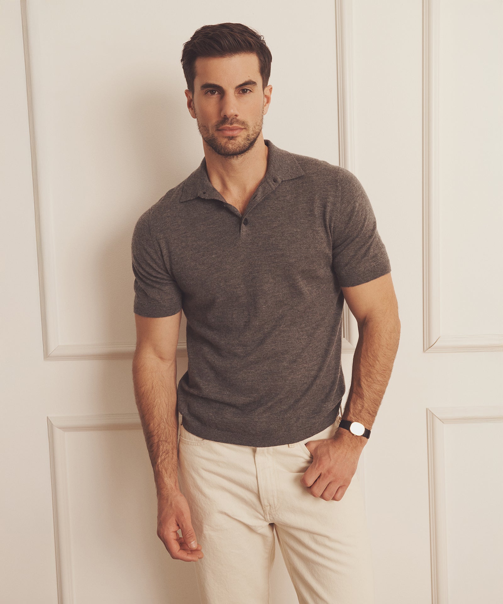 NAADAM Fancy Cashmere Short Sleeve Polo in Black, XS