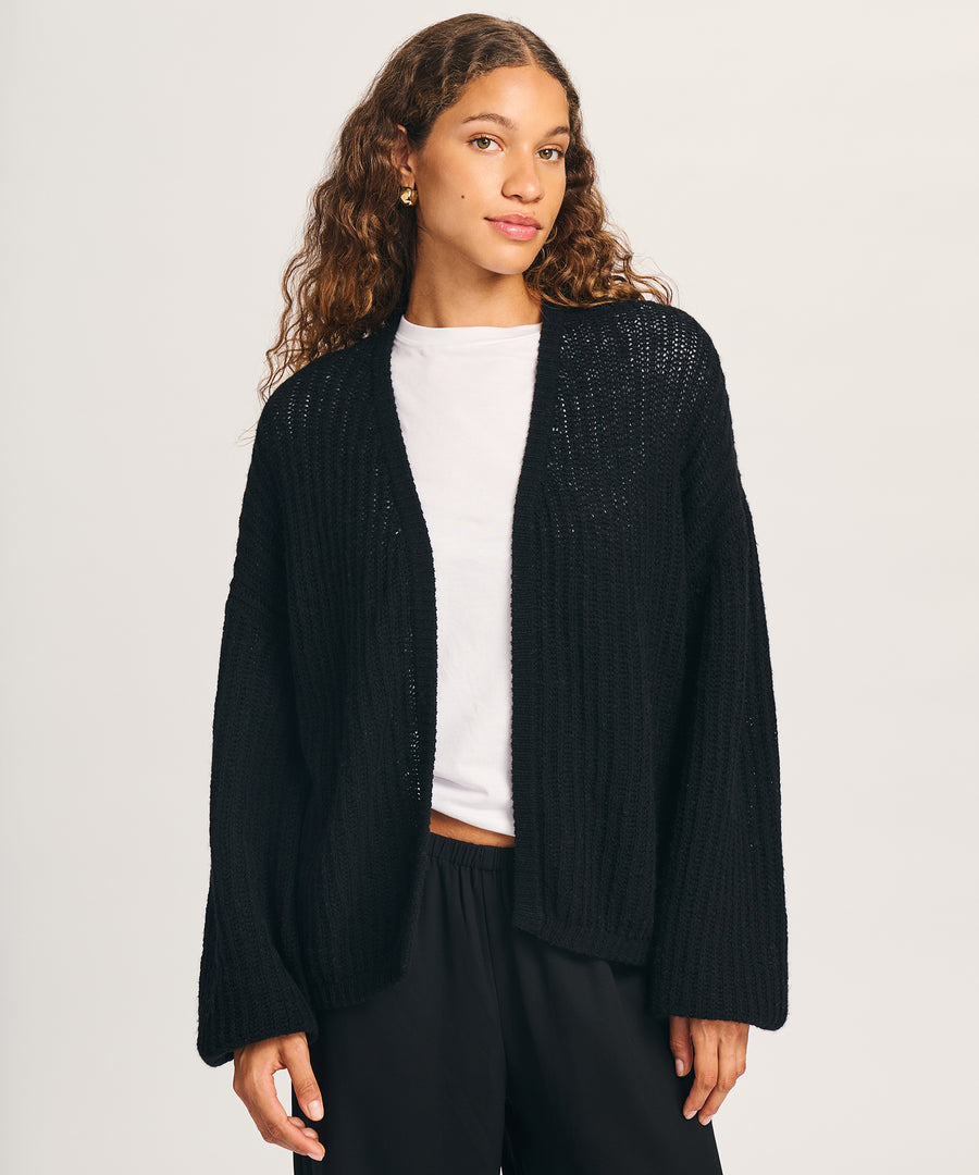 Luxe Airy Cashmere Fisherman Open Front Cardigan