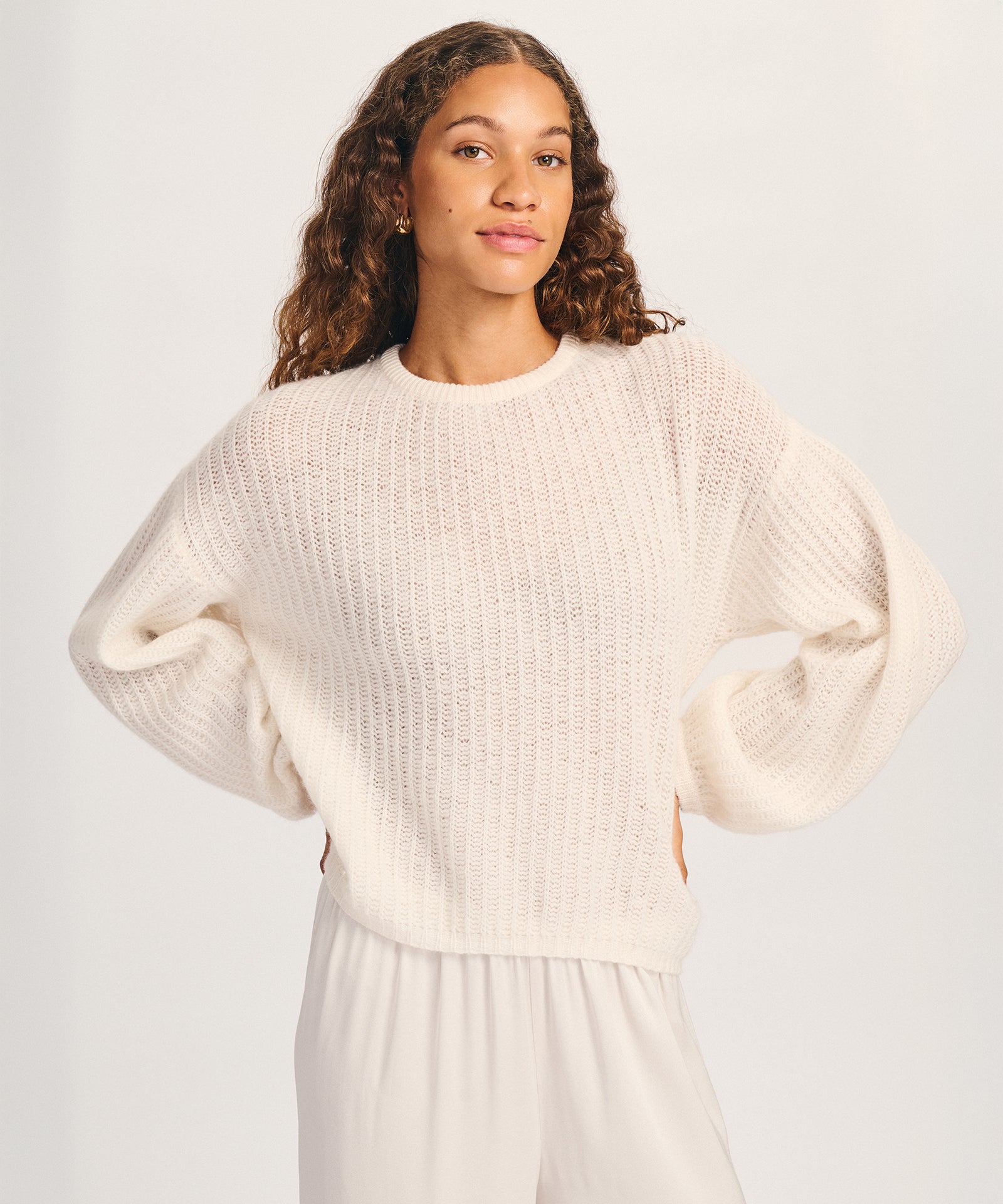 Luxe Airy Cashmere Fisherman Crewneck Sweater