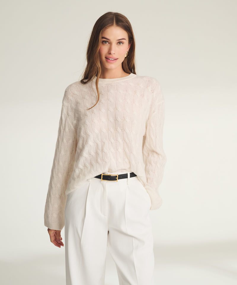 Lightweight Cashmere Cable Oversized Crewneck Sweater