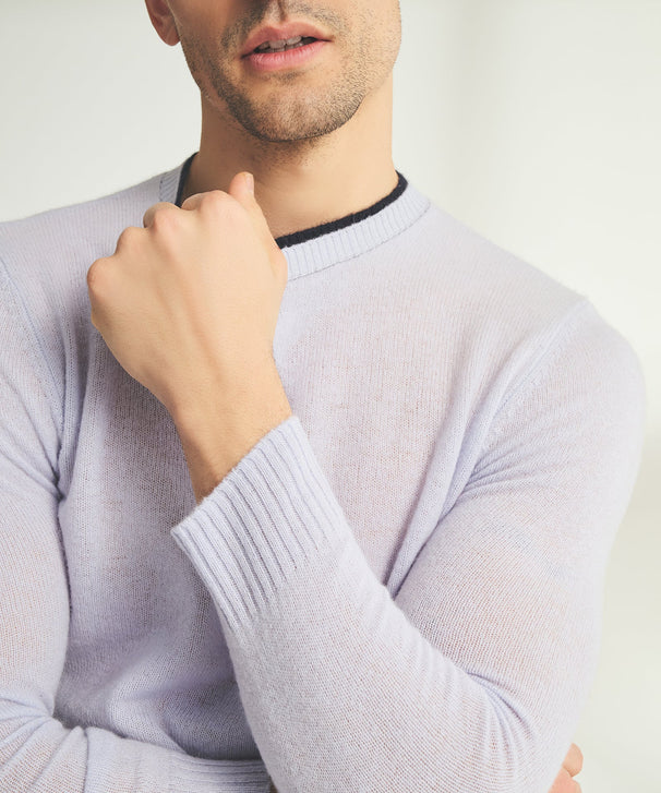 Lightweight Cashmere Contrast Trim Crewneck Sweater