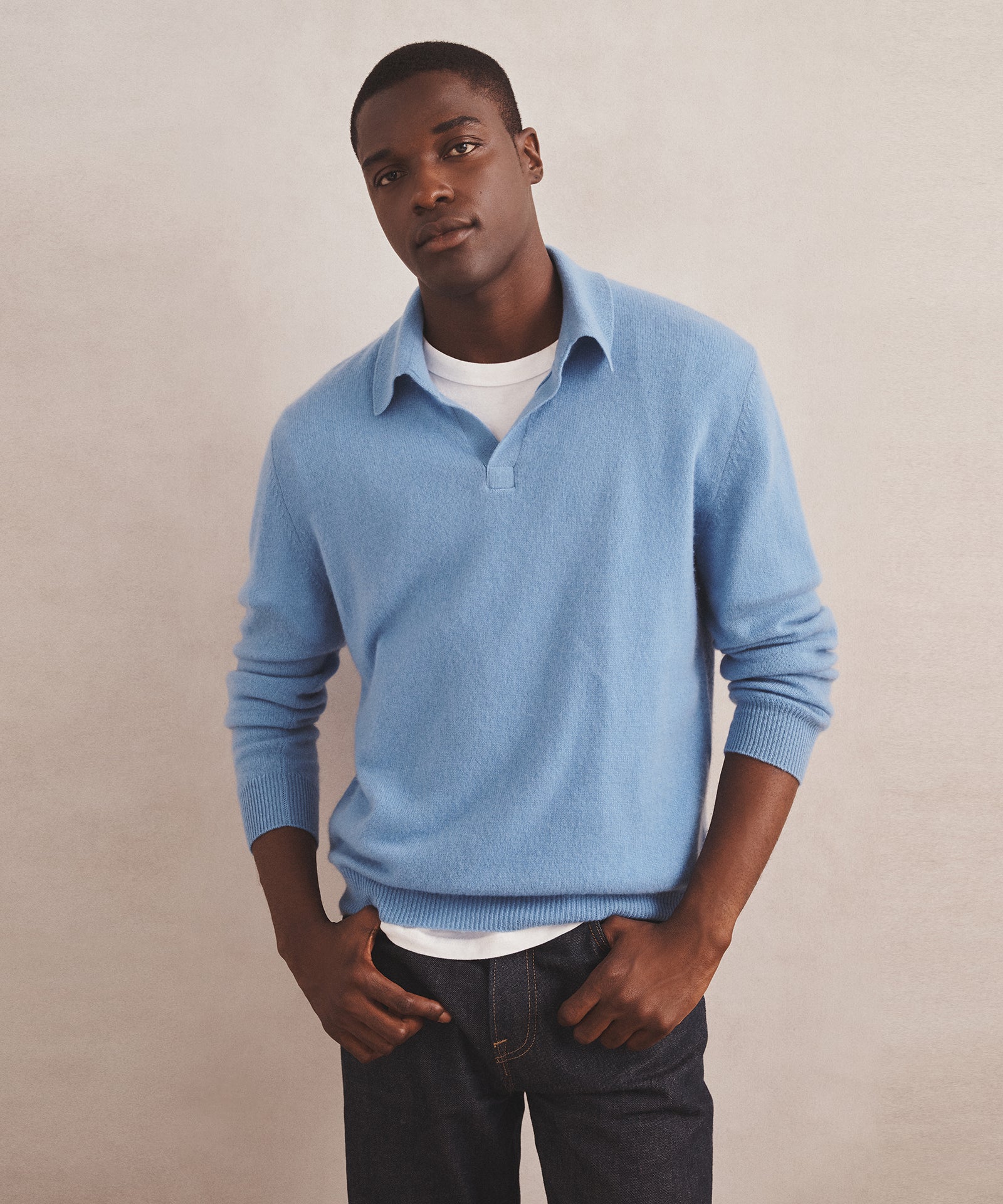 NAADAM Lightweight Cashmere Relaxed Polo in Sky Blue - L NAADAM Lightweight Cashmere Relaxed Polo in Sky Blue - L