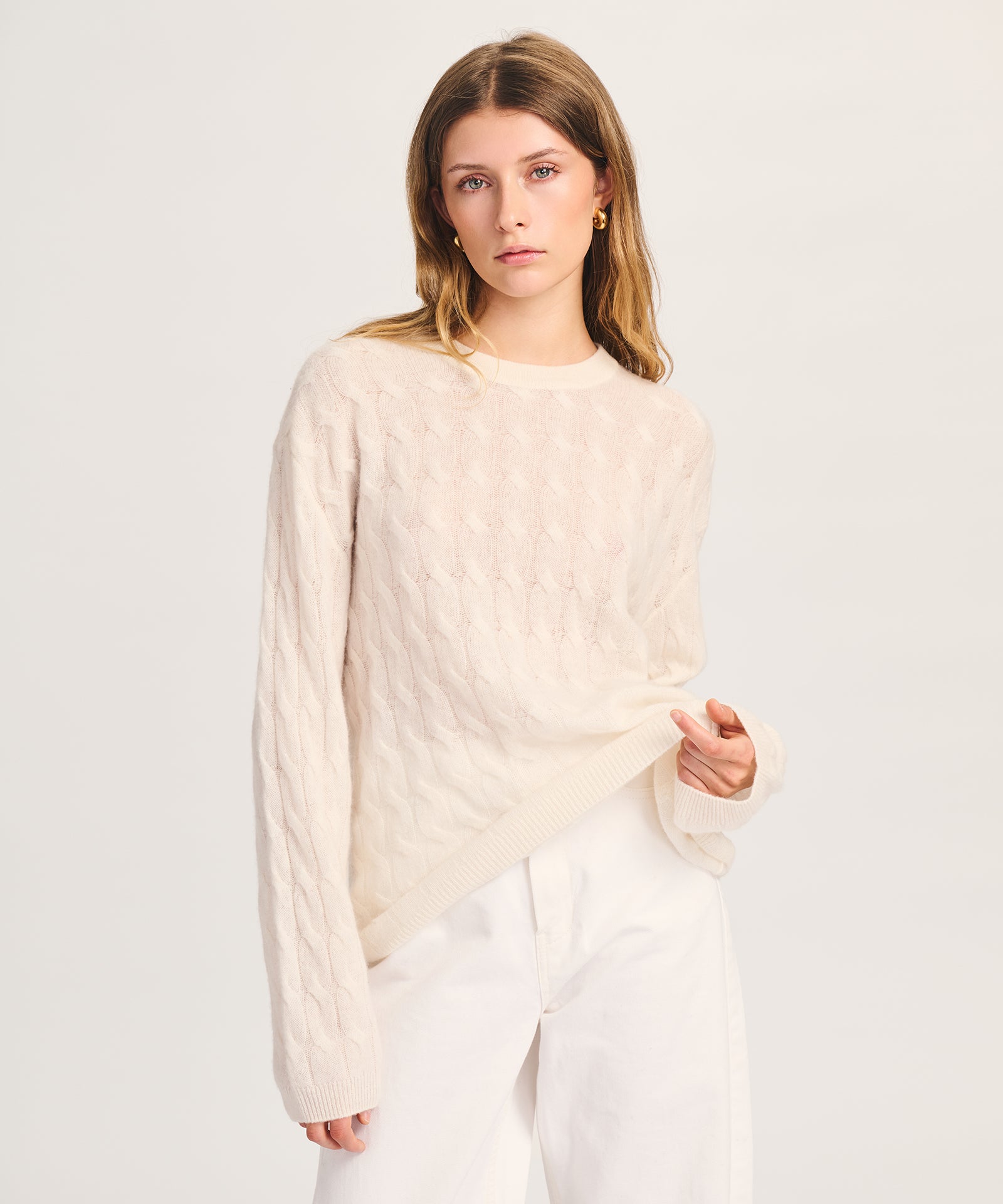 Lightweight Cashmere Cable Oversized Crewneck Sweater