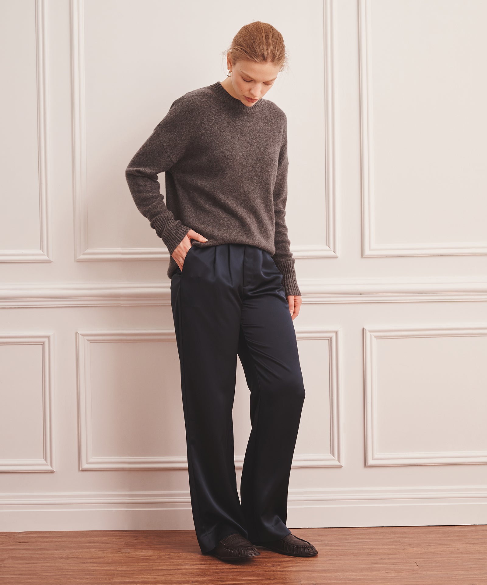 crew neck sweater with dress shirt NAADAM Luxe Cashmere Oversized Crewneck Sweater in Granite