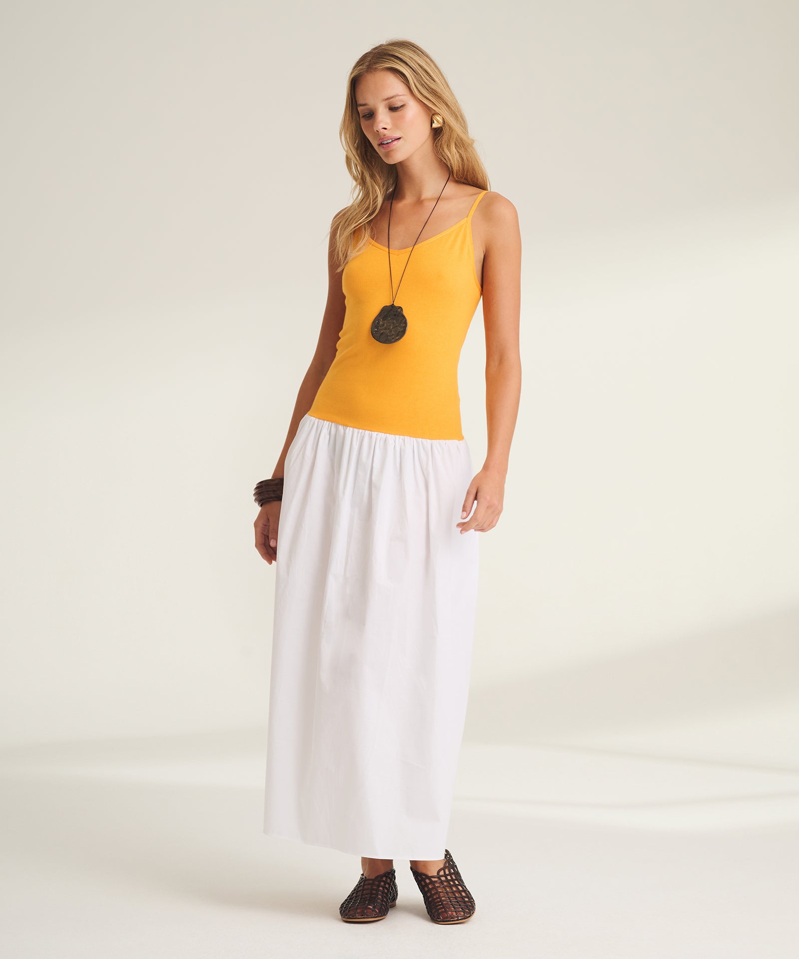 cotton silk maxi dress Luxe Cotton Silk Mixed Media Long Dress Tangerine / L