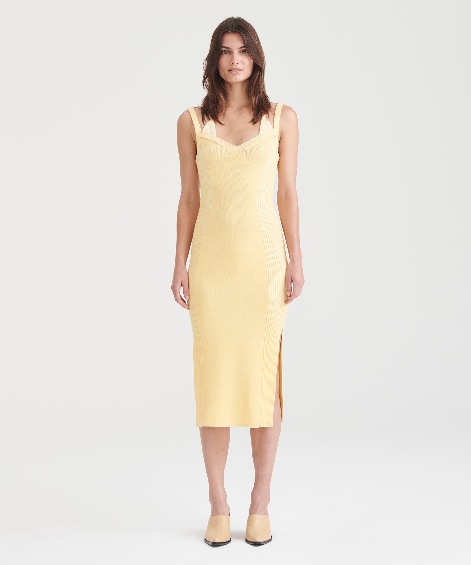 yellow bodycon tank dress NAADAM Naia Cashmere Color Plaited in Pale Yellow, M tone depth Flattering bodycon