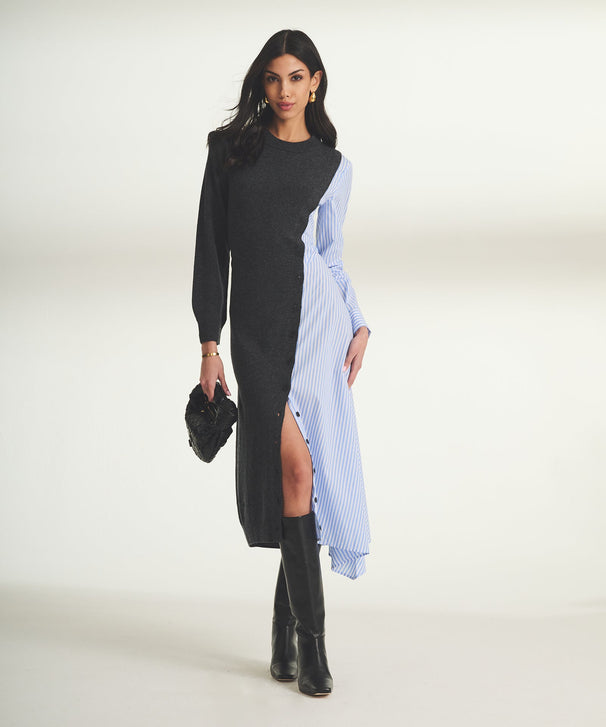 Wool Cashmere Mixed Media Asymmetrical Midi Dress