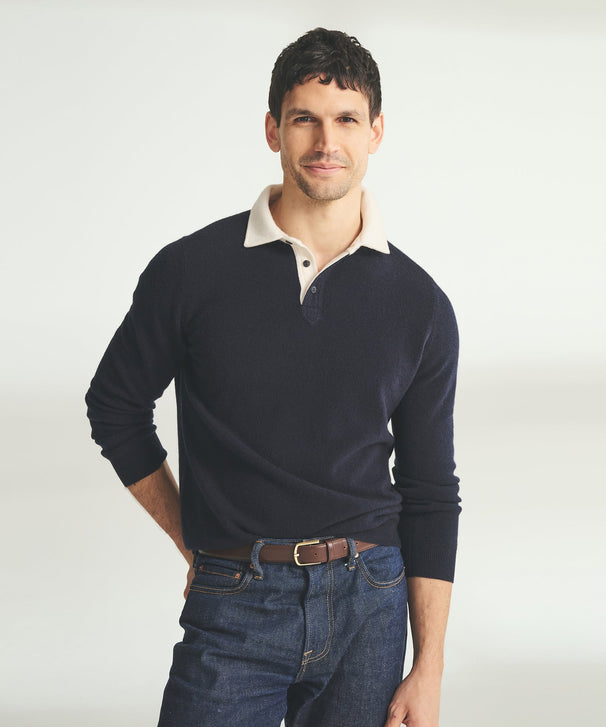 Signature Cashmere Long Sleeve Polo with Contrast Collar