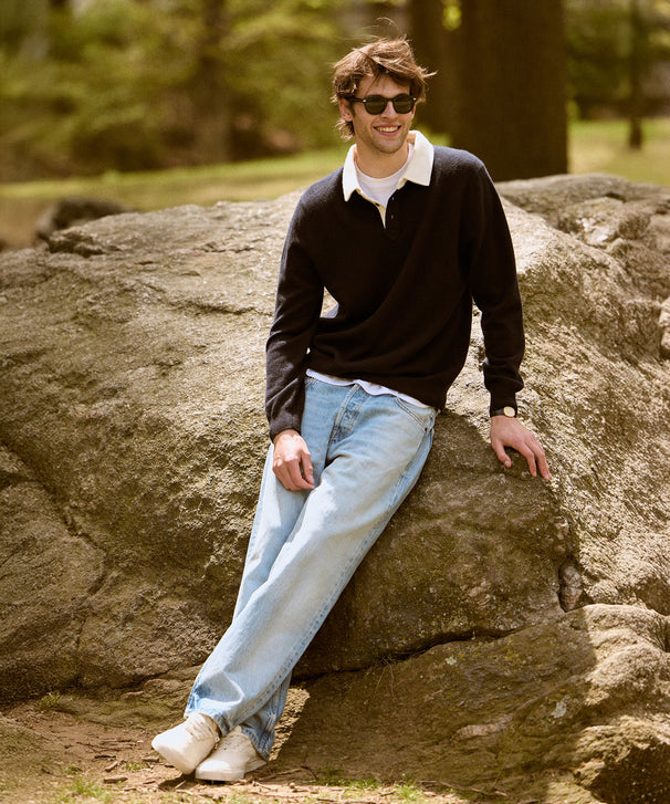 Signature Cashmere Long Sleeve Polo with Contrast Collar
