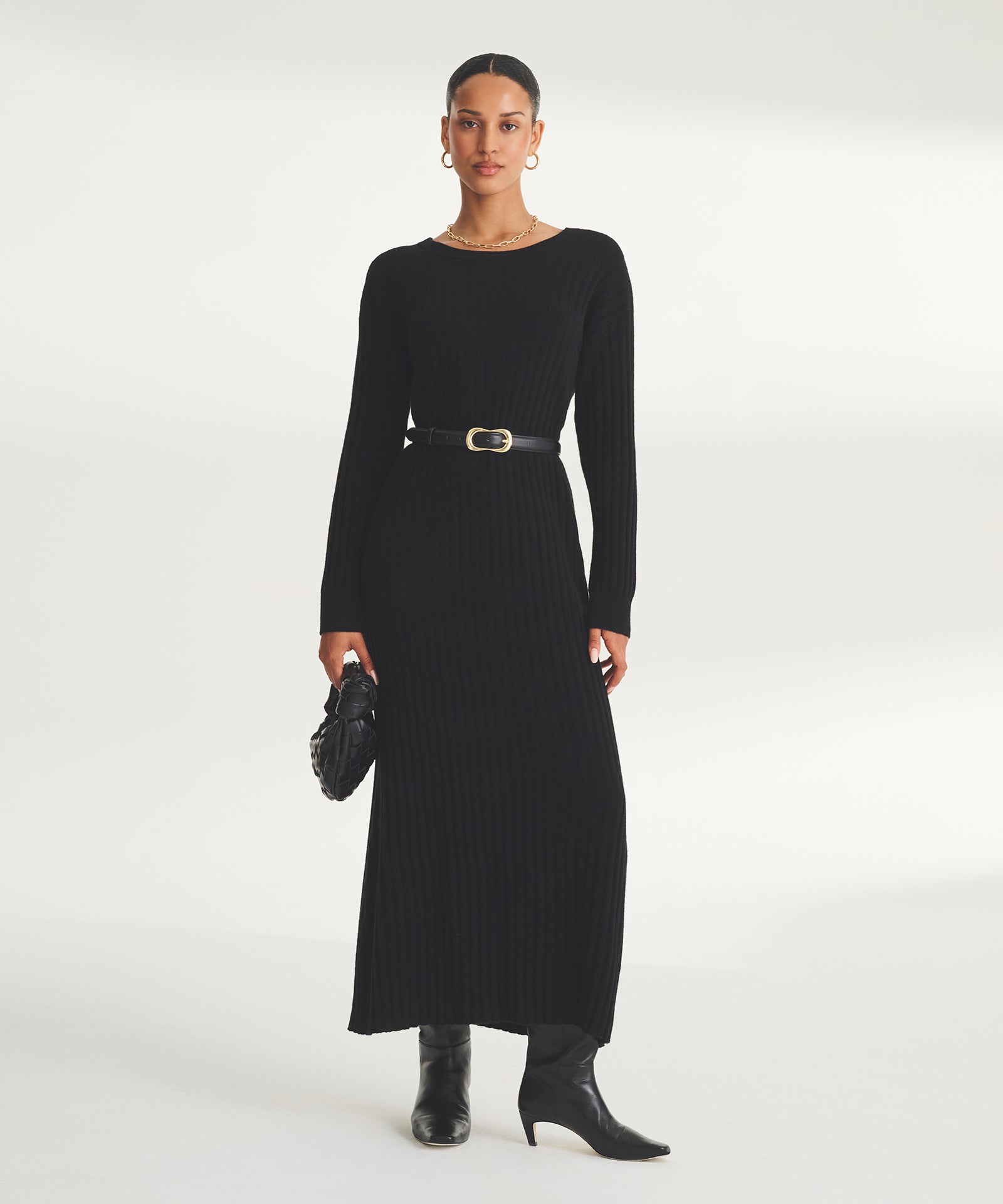 open lace back dress Long Sleeve Scoop Neck Sweater Midi Dress – bebe main image 1
