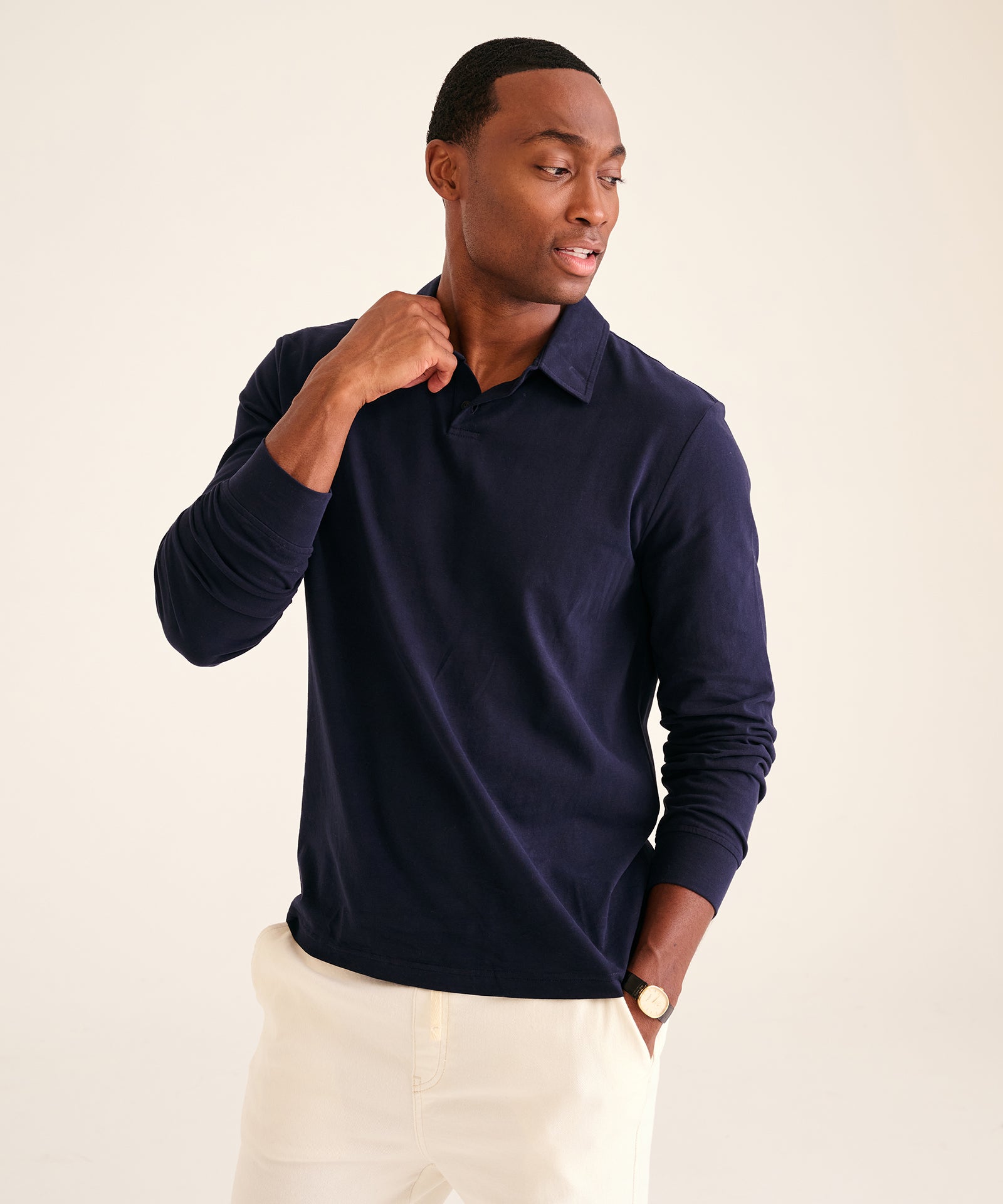 NAADAM The Long Sleeve Polo Tee in White - XL NAADAM The Long Sleeve Polo Tee in White - XL