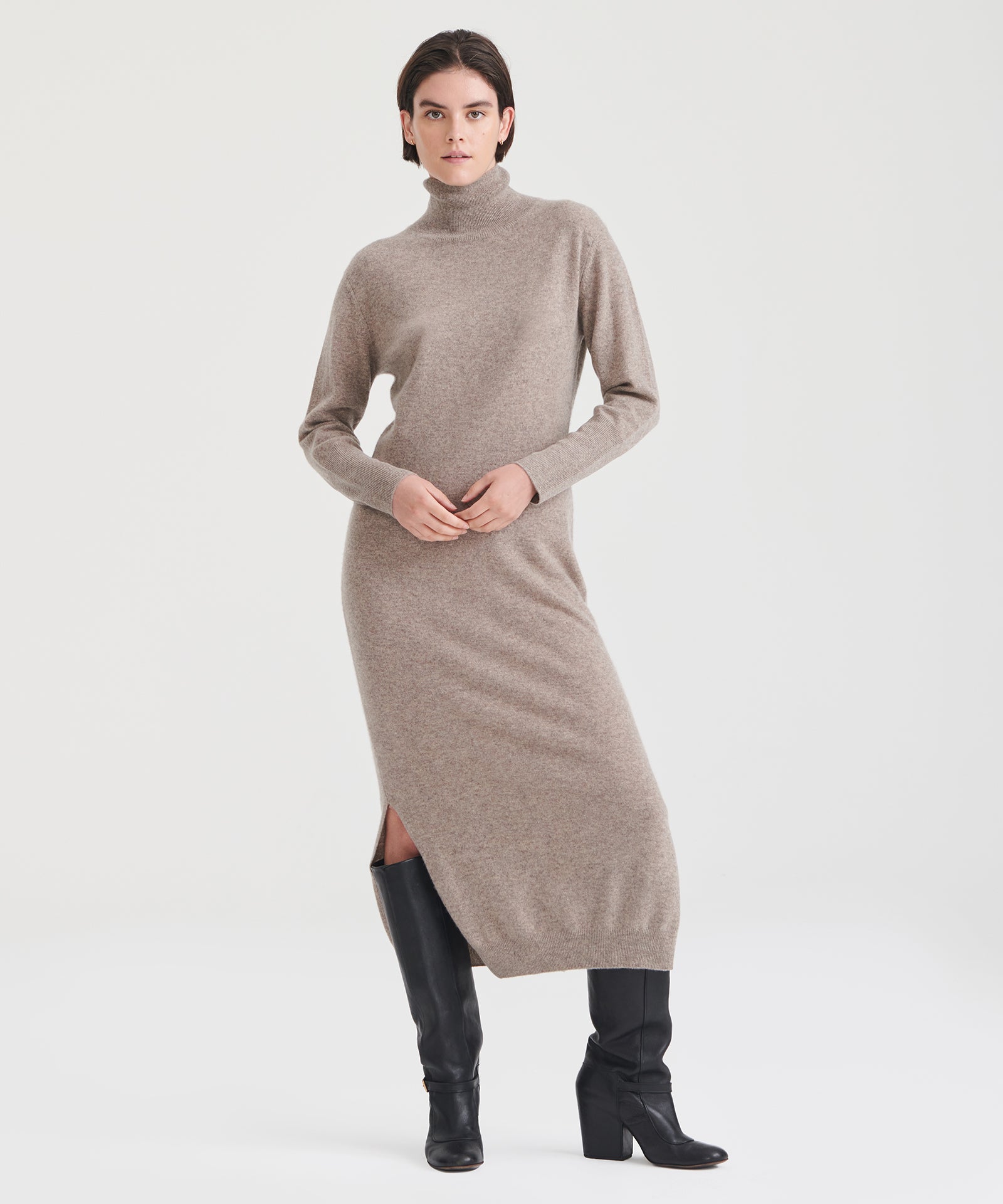 NAADAM Cashmere Turtleneck Dress with Slits in Rust, L