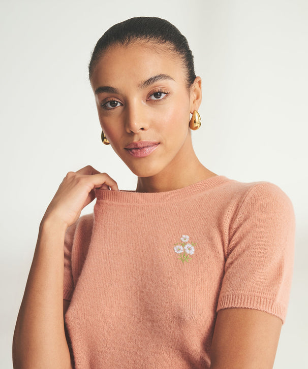 Women's Embroidered Flowers Short Sleeve Sweater