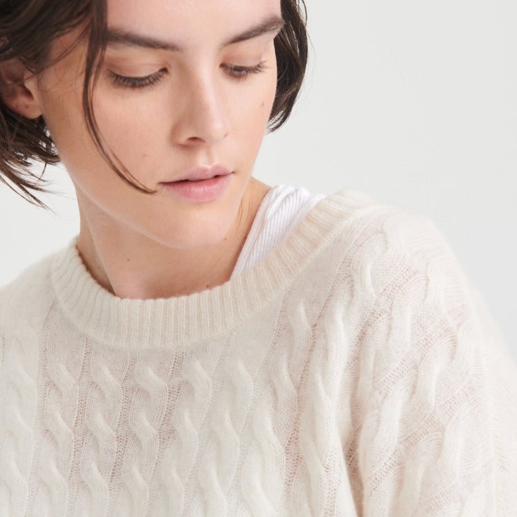 Model wearing the Lightweight Cashmere Cable Knit Oversized Crewneck